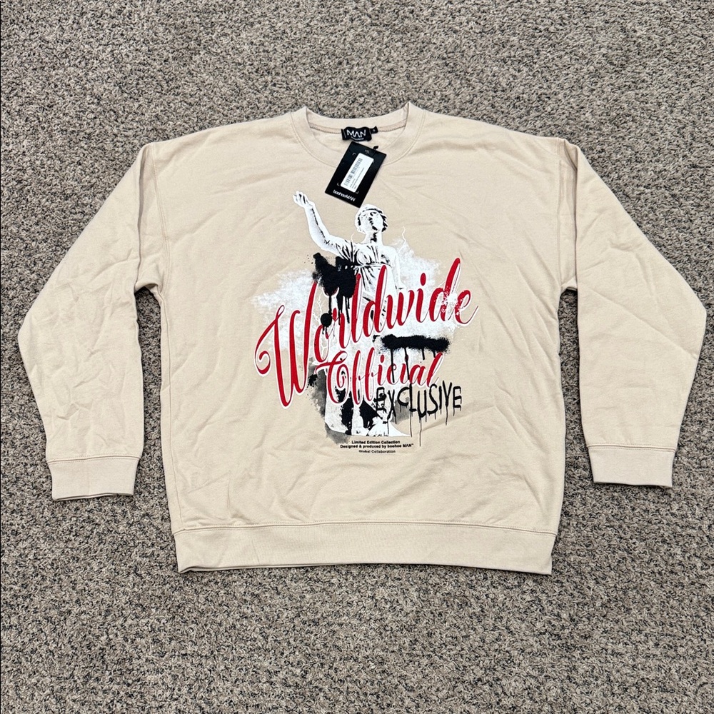 Boohoo Cream Graphic Men's Crewneck Sweater